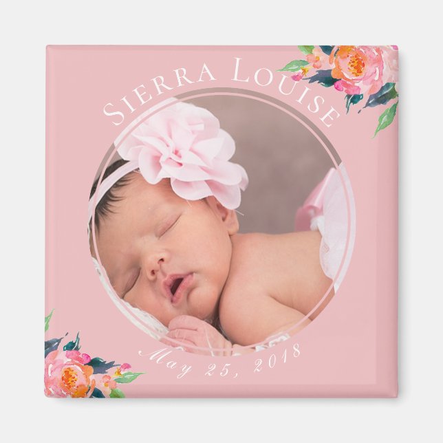  Rosa Blommigt Nyfödd bebis Flickfoto i Magnet (Framsidan)