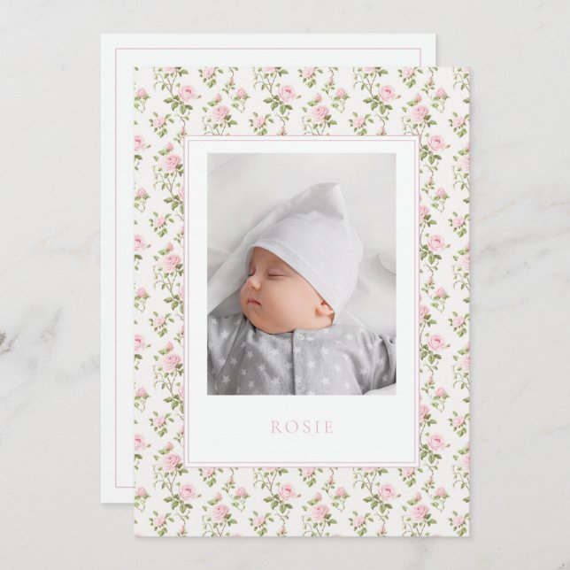 Rosa Blommigt Nyfött födelseattentat Fotokort Meddelande (Fram/baksida)