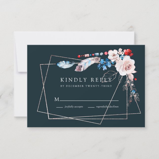 Rosa  Blommigt och Boho Blue Feathers Bröllop OSA Kort (Framsida)