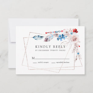 Rosa  Blommigt och Boho Blue Feathers Bröllop OSA Kort
