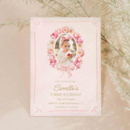Rosa Blommigt och Bow Girl Birthday Inbjudningar