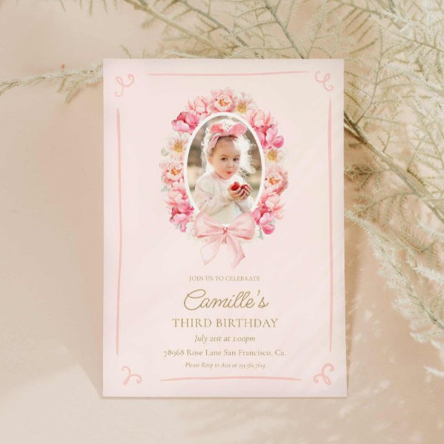 Rosa Blommigt och Bow Girl Birthday Inbjudningar (Pink Floral Girl Birthday Photo Invitation)