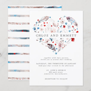 Rosa Blommigt och Feather Boho Heart Bröllop Inbjudningar
