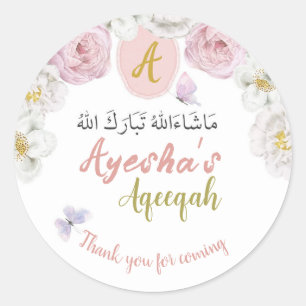 Rosa Blommigt och fjäril Aqeqah Favor Sticker Runt Klistermärke