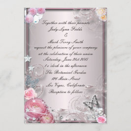 Rosa Blommigt- och fjäril-inbjudan Inbjudningar