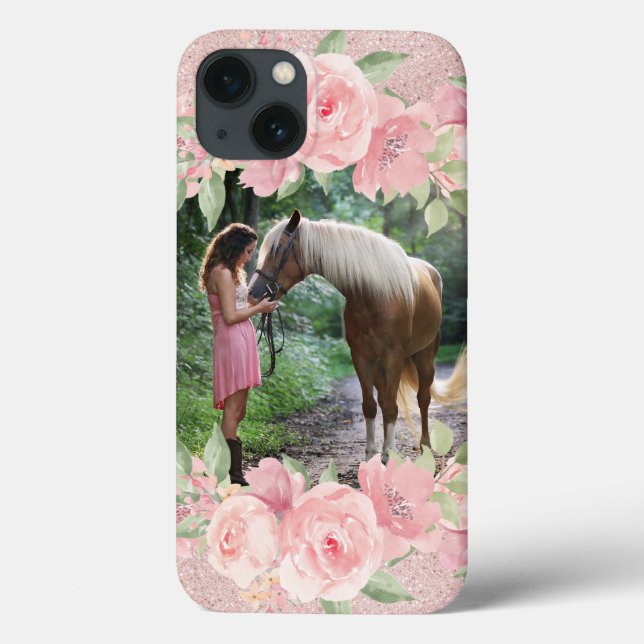  Rosa Blommigt och Glitter Pet Horse Photo (Baksida)