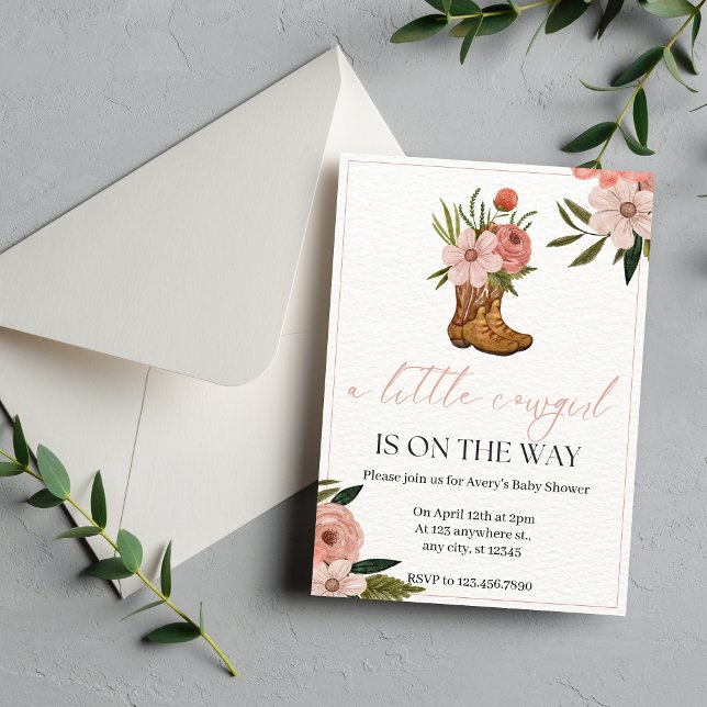 Rosa Blommigt och Greenery Cowgirl Birthday Inbjudningar (Pink Floral Cowgirl Birthday Invitation for Little Girls)