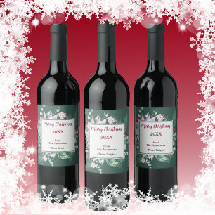 Rosa Blommigt och Grönt juletikett Vin Vinflaska Etikett
