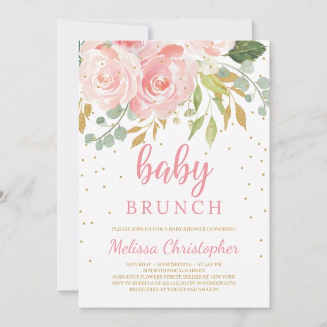  rosa blommigt och guld boho baby brunch inbjudningar (Framsida)