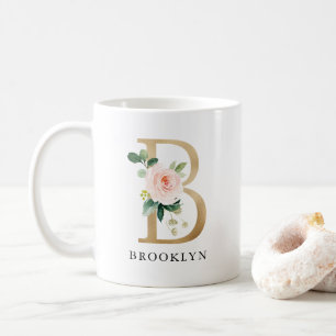 Rosa Blommigt och Guld Brev B Monogram Kaffemugg