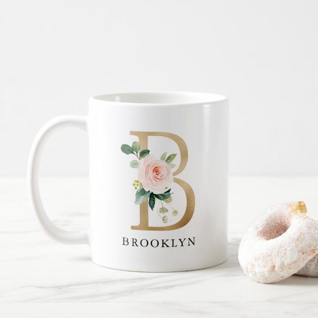  Rosa Blommigt och Guld Brev B Monogram Kaffemugg (Med munk)