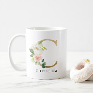 Rosa Blommigt och Guld Brev C Monogram Kaffemugg