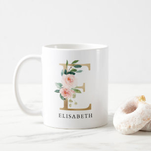 Rosa Blommigt och Guld Brev E Monogram Kaffemugg