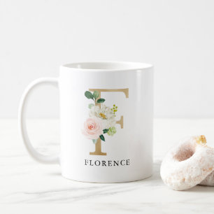  Rosa Blommigt och Guld Brev F Monogram Kaffemugg