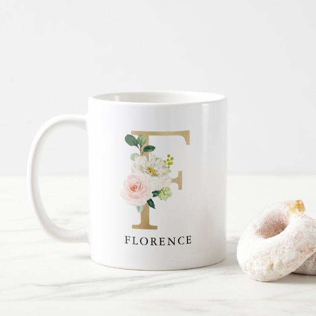  Rosa Blommigt och Guld Brev F Monogram Kaffemugg (Med munk)