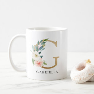  Rosa Blommigt och Guld Brev G Monogram Kaffemugg