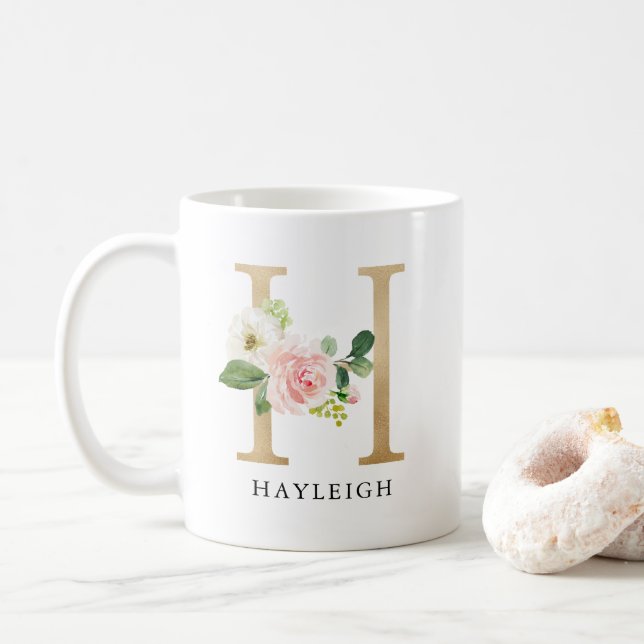  Rosa Blommigt och Guld Brev H Monogram Kaffemugg (Med munk)