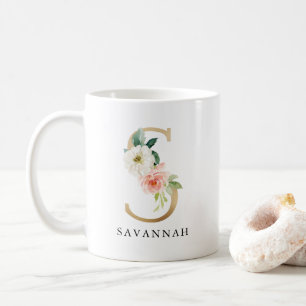 Rosa Blommigt och Guld Brev S Monogram Kaffemugg