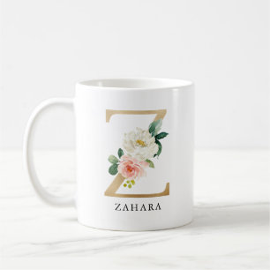  Rosa Blommigt och Guld Brev Z Monogram Kaffemugg