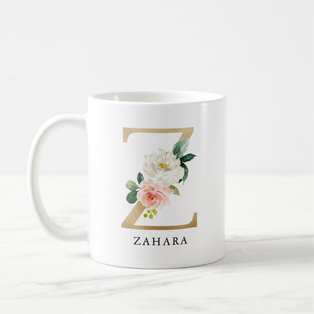  Rosa Blommigt och Guld Brev Z Monogram Kaffemugg (Vänster)