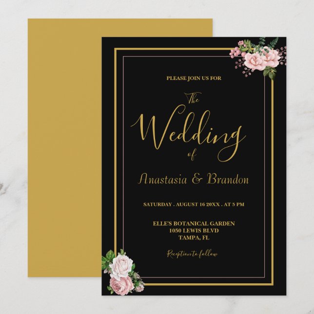  Rosa Blommigt och Guld Bröllop Inbjudningar (Fram/baksida)