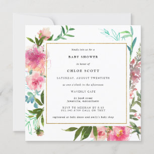 Rosa Blommigt och Guld Elegant Baby Shower Inbjudningar