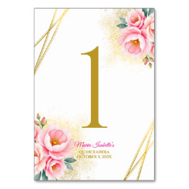 Rosa Blommigt och Guld Quinceańera Bordsnummer