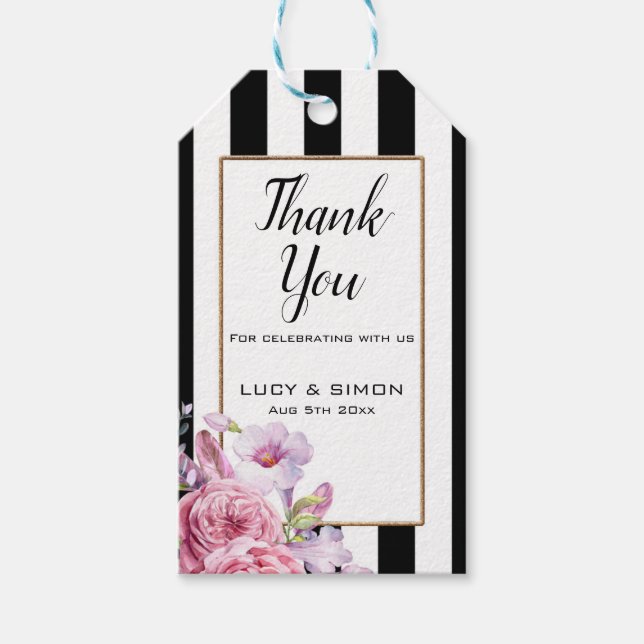 Rosa Blommigt och Rand Tack Märkre Presentetikett (Framsidan)