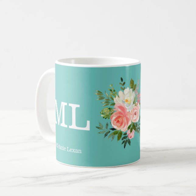 Rosa Blommigt och Teal Monogram  Kaffemugg (Framsida vänster)