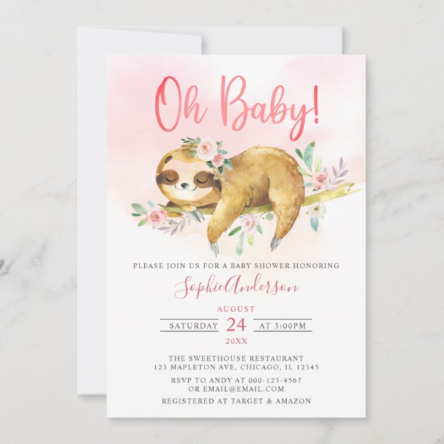 Rosa Blommigt Oh Flicka Cute Sloth Baby Shower Inbjudningar (Framsida)