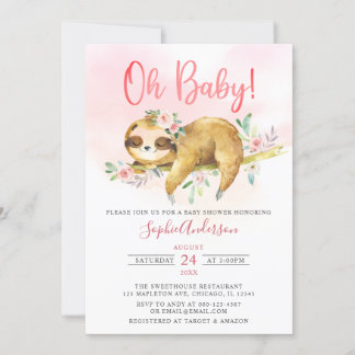 Rosa Blommigt Oh Flicka Cute Sloth Baby Shower Inbjudningar