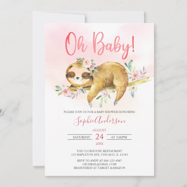Rosa Blommigt Oh Flicka Cute Sloth Baby Shower Inbjudningar (Framsida)