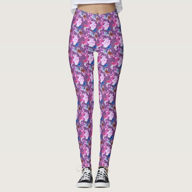 Rosa blommigt om Mauve med fjärilskinn Leggings (Framsida)