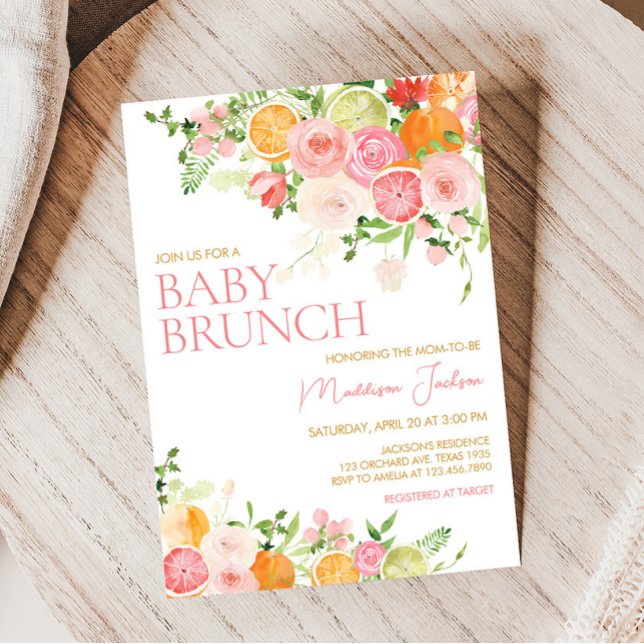 Rosa Blommigt Orange Citrus Baby Shower Inbjudningar (Girl Lemon Baby Shower Invitation)