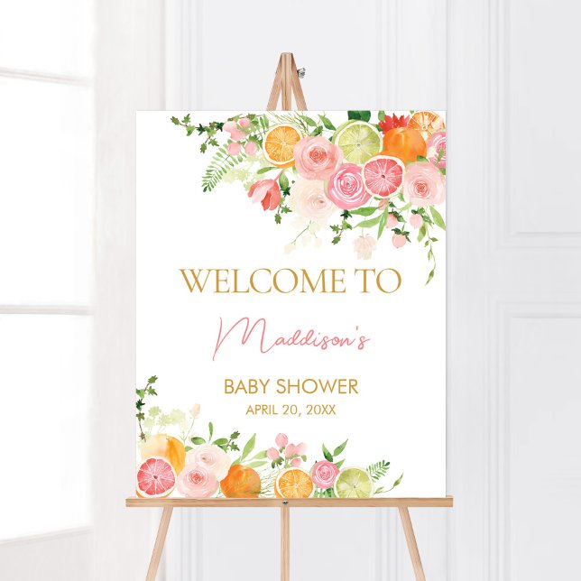 Rosa Blommigt Orange Citrus Välkommen Poster (Girl Lemon Baby Shower Welcome Sign)