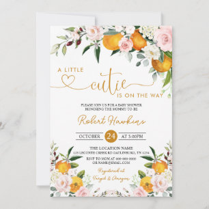 Rosa Blommigt, Orange Little Cutie Baby Shower Inbjudningar