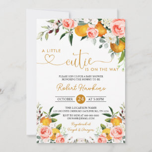 Rosa Blommigt, Orange Little Cutie Baby Shower Inbjudningar