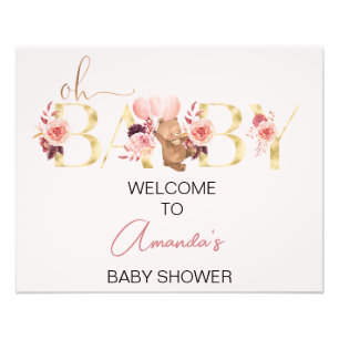 Rosa Blommigt Ord Bear Baby Shower Välkomstskylt Fototryck