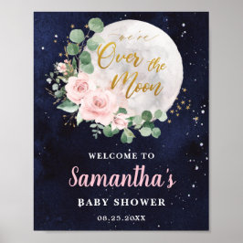 Rosa Blommigt över Måne Baby Shower Välkomna Poster