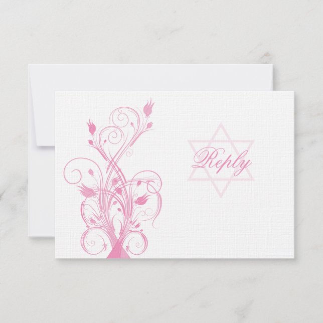 Rosa Blommigt på Bat mitzvah OSA kort med vit Line (Framsida)