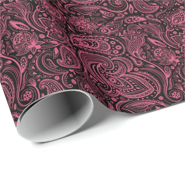 Rosa Blommigt paisley over Black Background Presentpapper (Rullad Hörn)