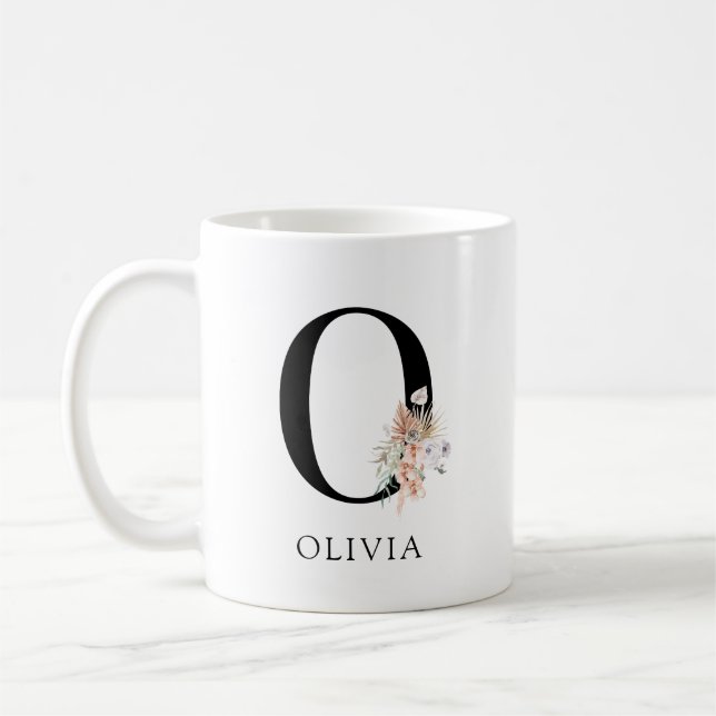 Rosa Blommigt Palmetto Löv Watercolor Monogram Kaffemugg (Vänster)