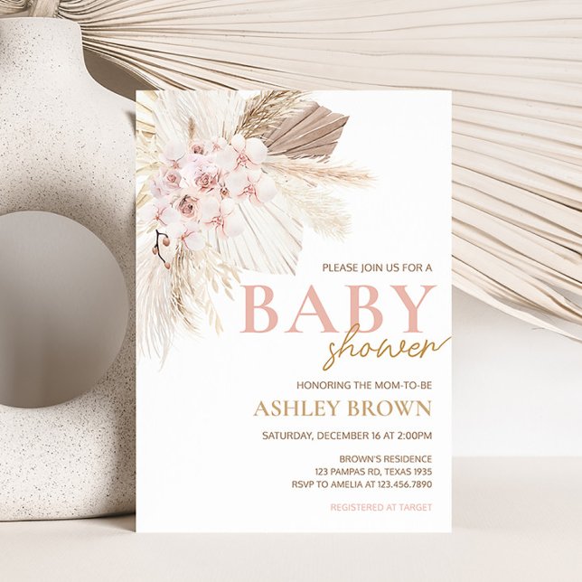 Rosa Blommigt Pampas Boho Baby Shower Inbjudningar (Girl Pampas Grass Baby Shower Invitation)