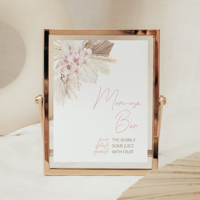 Rosa Blommigt Pampas Boho Baby Shower Mamma Osa Pu Poster (Girl Pampas Grass Baby Shower Mom Osa Bar Sign)