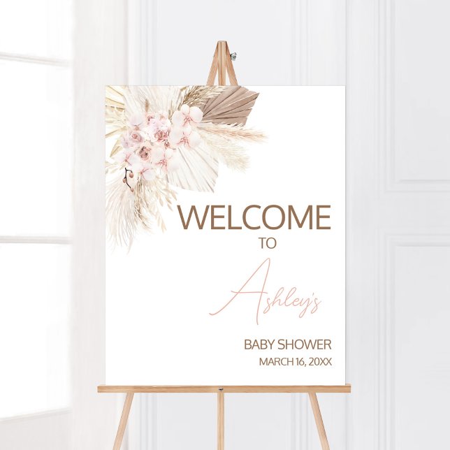 Rosa Blommigt Pampas Boho Baby Shower Välkommen Poster (Girl Pampas Grass Baby Shower Welcome Sign)