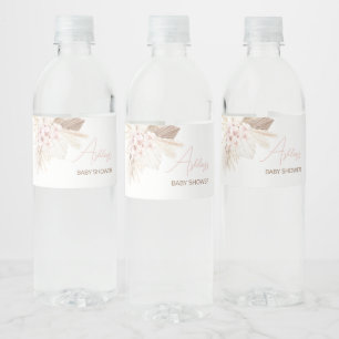 Rosa Blommigt Pampas Boho Baby Shower Vattenflaskor Etikett