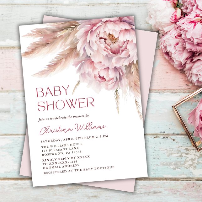 Rosa Blommigt Pampas Grass Baby Shower Inbjudningar (Skapare uppladdad)