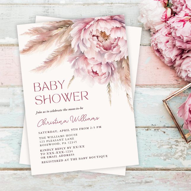 Rosa Blommigt Pampas Grass Blommigt Baby Shower Inbjudningar (Skapare uppladdad)