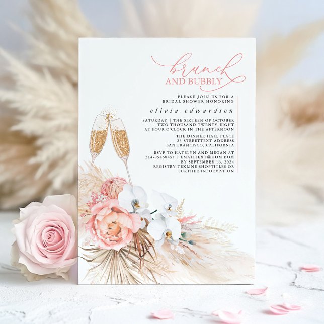Rosa Blommigt Pampas Grass Brunch och Bubly Inbjudningar (Boho Bridal Shower Invitations)