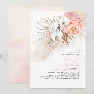 Rosa Blommigt Pampas Grass First Communion Inbjudningar